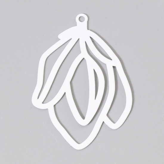 Picture of Iron Based Alloy Filigree Stamping Pendants White Magnolia Flower Painted 4.5cm x 3.1cm, 10 PCs