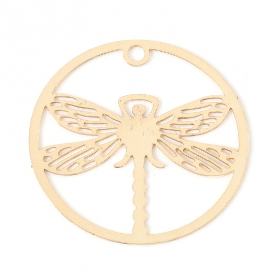 Picture of Iron Based Alloy Insect Filigree Stamping Charms KC Gold Plated Round Dragonfly 25mm Dia., 10 PCs
