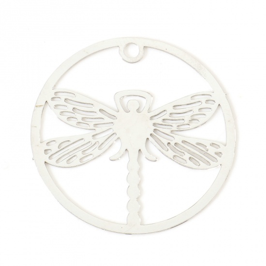 Picture of Iron Based Alloy Insect Filigree Stamping Charms Silver Tone Round Dragonfly 25mm Dia., 10 PCs