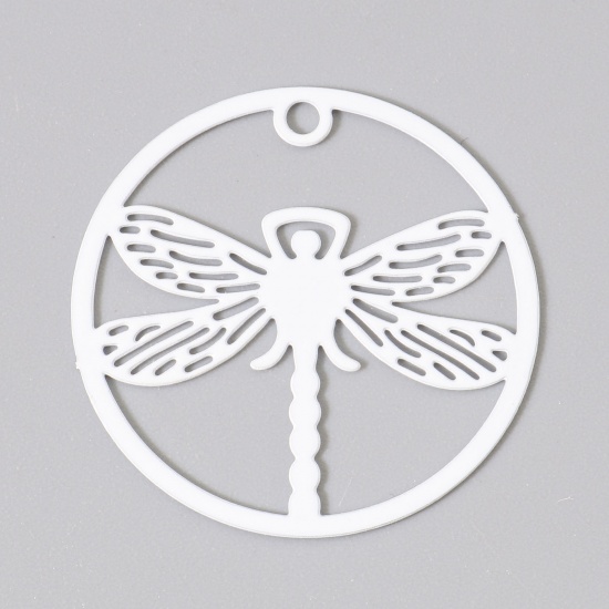 Picture of Iron Based Alloy Insect Filigree Stamping Charms White Round Dragonfly Painted 25mm Dia., 10 PCs
