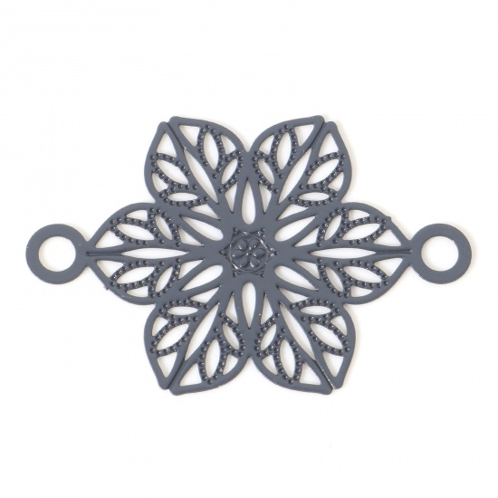 Picture of Iron Based Alloy Filigree Stamping Connectors Flower Dark Gray Painted 3cm x 2cm, 10 PCs