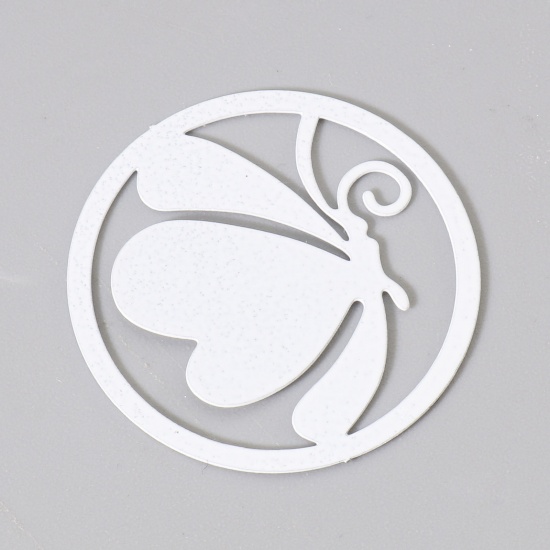 Immagine di Lega di Ferro Filigree Stamping Connettore Accessori Tondo Bianco Farfalla Disegno Pittura 25mm Dia, 10 Pz