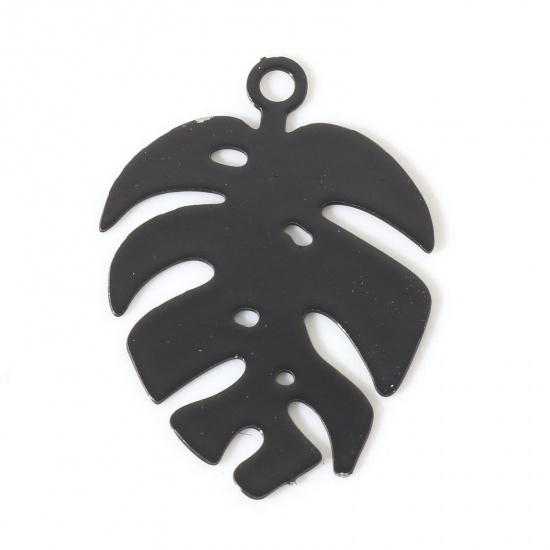 Picture of Iron Based Alloy Filigree Stamping Charms Black Monstera Leaf Painted 20mm x 14mm, 20 PCs