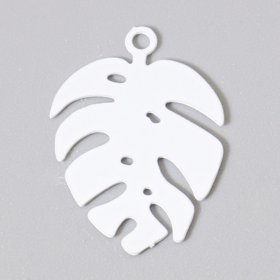 Picture of Iron Based Alloy Filigree Stamping Charms White Monstera Leaf Painted 20mm x 14mm, 20 PCs