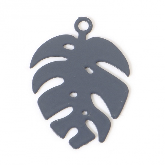 Picture of Iron Based Alloy Filigree Stamping Charms Dark Gray Monstera Leaf Painted 20mm x 14mm, 20 PCs