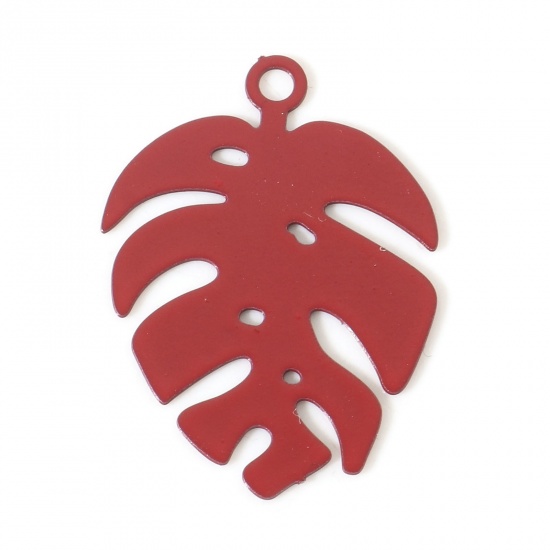 Picture of Iron Based Alloy Filigree Stamping Charms Red Monstera Leaf Painted 20mm x 14mm, 20 PCs