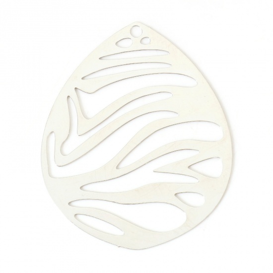 Picture of Iron Based Alloy Filigree Stamping Pendants Silver Tone Drop 4.5cm x 3.6cm, 5 PCs