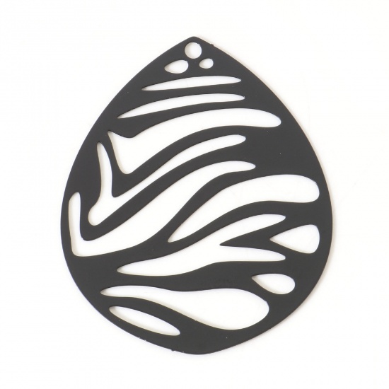 Picture of Iron Based Alloy Filigree Stamping Pendants Black Drop Painted 4.5cm x 3.6cm, 5 PCs