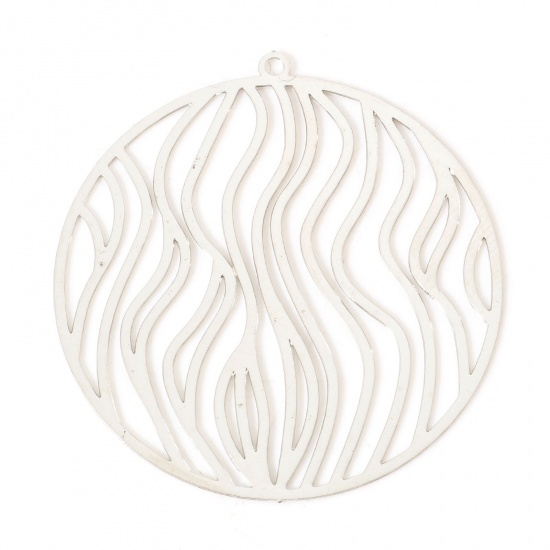 Picture of Iron Based Alloy Filigree Stamping Pendants Silver Tone Round Stripe 3.8cm x 3.6cm, 10 PCs