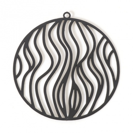 Picture of Iron Based Alloy Filigree Stamping Pendants Black Round Stripe Painted 3.8cm x 3.6cm, 10 PCs