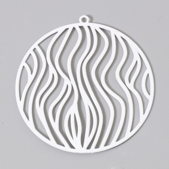 Picture of Iron Based Alloy Filigree Stamping Pendants White Round Stripe Painted 3.8cm x 3.6cm, 10 PCs