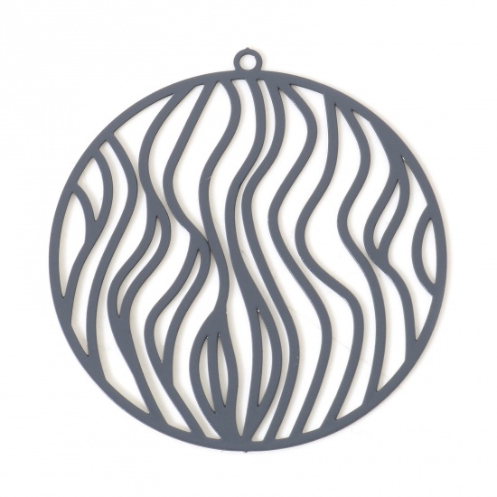 Picture of Iron Based Alloy Filigree Stamping Pendants Dark Gray Round Stripe Painted 3.8cm x 3.6cm, 10 PCs