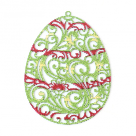 Picture of Iron Based Alloy Enamel Painting Pendants Multicolor Easter Egg Filigree Stamping 4.5cm x 3.3cm, 5 PCs
