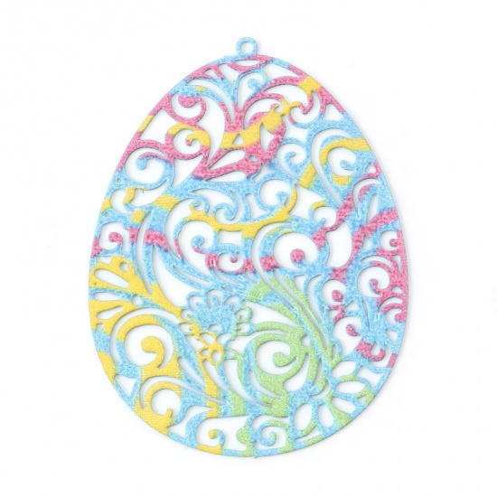 Picture of Iron Based Alloy Enamel Painting Pendants Multicolor Easter Egg Filigree Stamping 4.5cm x 3.3cm, 5 PCs