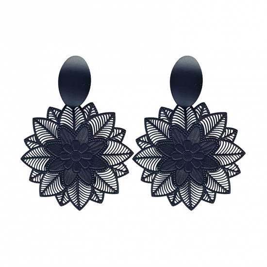 Picture of Brass Filigree Stamping Earrings Black Flower Hollow 6cm x 4.3cm, 1 Pair                                                                                                                                                                                      