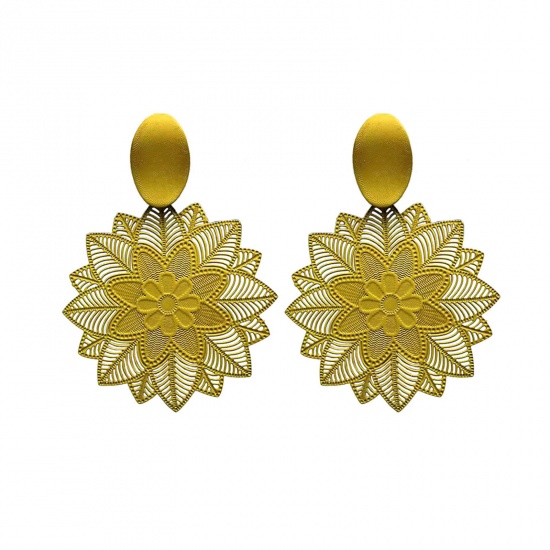Picture of Brass Filigree Stamping Earrings Ginger Flower Hollow 6cm x 4.3cm, 1 Pair                                                                                                                                                                                     