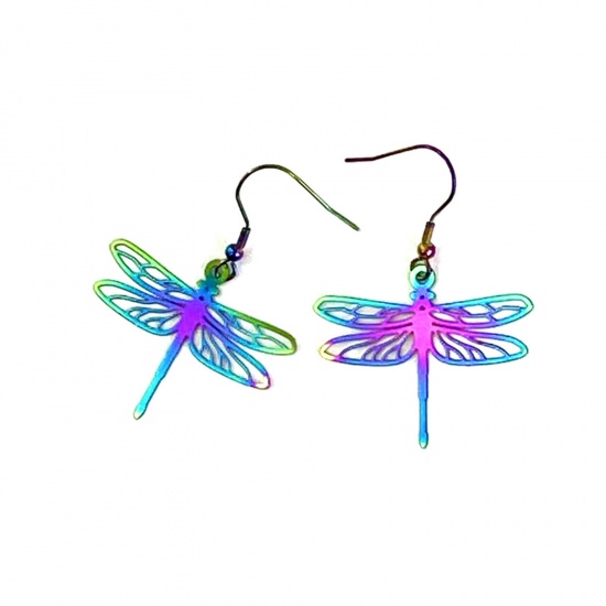 Picture of Brass Filigree Stamping Earrings Multicolor Dragonfly Animal Painted 4.5cm x 3.5cm, 1 Pair                                                                                                                                                                    