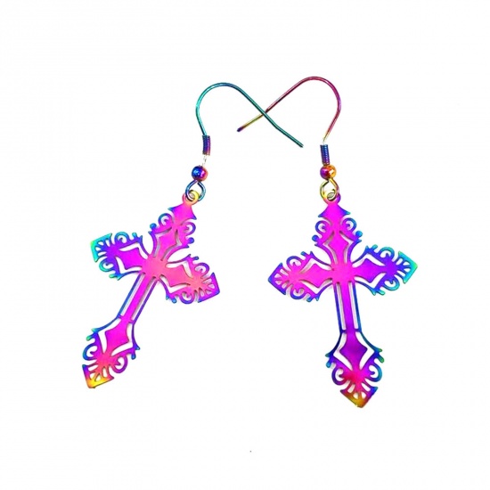 Picture of Brass Filigree Stamping Earrings Multicolor Cross Painted 6cm x 2.5cm, 1 Pair                                                                                                                                                                                 