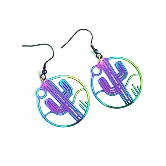 Picture of Brass Filigree Stamping Earrings Multicolor Round Cactus Painted 5cm x 3cm, 1 Pair                                                                                                                                                                            