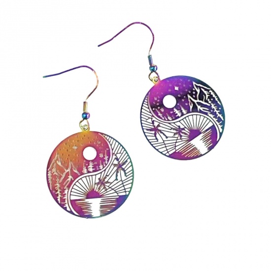 Picture of Brass Filigree Stamping Earrings Multicolor Round Coconut Palm Tree Painted 5cm x 3cm, 1 Pair                                                                                                                                                                 