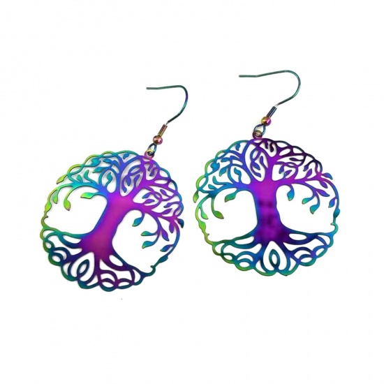 Picture of Brass Filigree Stamping Earrings Multicolor Tree Of Life Painted 6cm x 4cm, 1 Pair                                                                                                                                                                            