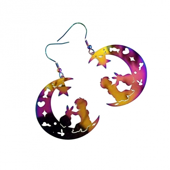 Picture of Brass Filigree Stamping Earrings Multicolor Half Moon Rabbit Painted 6cm x 4cm, 1 Pair                                                                                                                                                                        