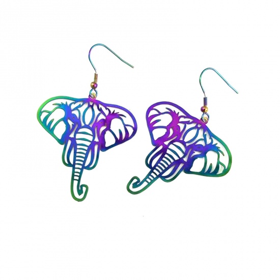 Picture of Brass Filigree Stamping Earrings Multicolor Elephant Head Painted 6cm x 4cm, 1 Pair                                                                                                                                                                           