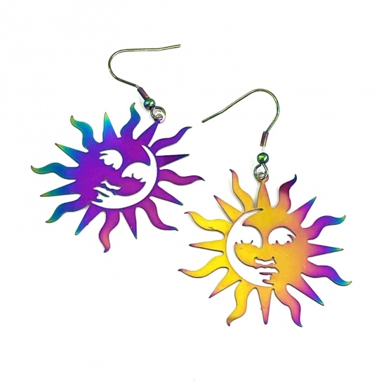 Изображение Латунь Филигранные цветок железа Серьги Разноцветный Солнце С Краской 6см x 4см, 1 Пара                                                                                                                                                                       