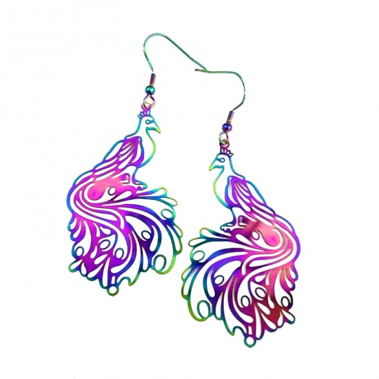 Picture of Brass Filigree Stamping Earrings Multicolor Peacock Animal Painted 7.5cm x 3.5cm, 1 Pair                                                                                                                                                                      