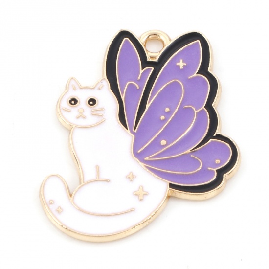 Picture of Zinc Based Alloy Charms Gold Plated White & Purple Butterfly Animal Cat Enamel 29mm x 23mm, 10 PCs
