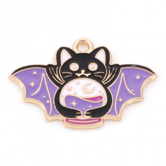 Picture of Zinc Based Alloy Charms Gold Plated Black & Purple Wing Cat Enamel 29mm x 20mm, 10 PCs