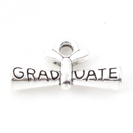 Picture of Zinc Based Alloy College Jewelry Charms Antique Silver Color Diploma Message " Graduate " 21mm x 11mm, 20 PCs
