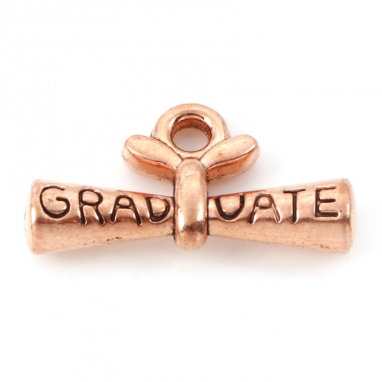 Picture of Zinc Based Alloy College Jewelry Charms Antique Rose Gold Diploma Message " Graduate " 21mm x 11mm, 20 PCs