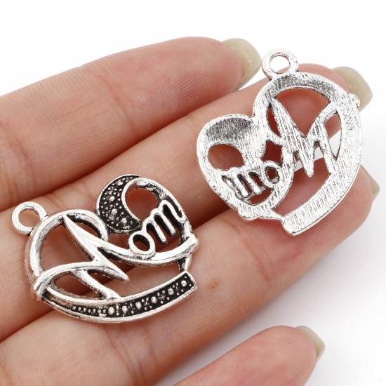 Picture of Zinc Based Alloy Mother's Day Charms Antique Silver Color Heart Message " Mom " 28mm x 24mm, 20 PCs