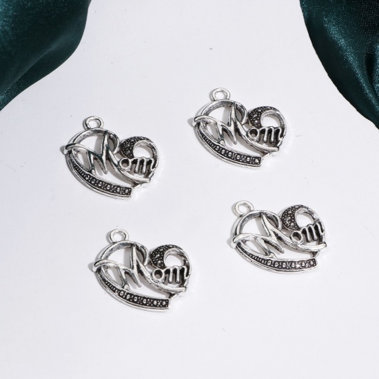 Picture of Zinc Based Alloy Mother's Day Charms Antique Silver Color Heart Message " Mom " 28mm x 24mm, 20 PCs
