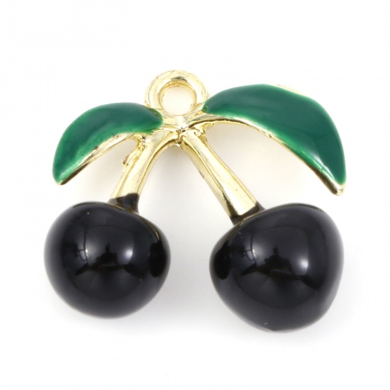 Picture of Zinc Based Alloy 3D Charms Gold Plated Black & Green Cherry Fruit Enamel 15.5mm x 14mm, 5 PCs