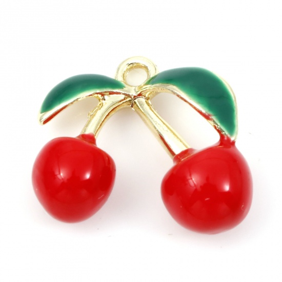 Picture of Zinc Based Alloy 3D Charms Gold Plated Red & Green Cherry Fruit Enamel 15.5mm x 14mm, 5 PCs