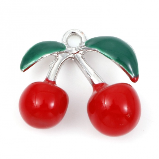 Picture of Zinc Based Alloy 3D Charms Silver Tone Red & Green Cherry Fruit Enamel 15.5mm x 14mm, 5 PCs