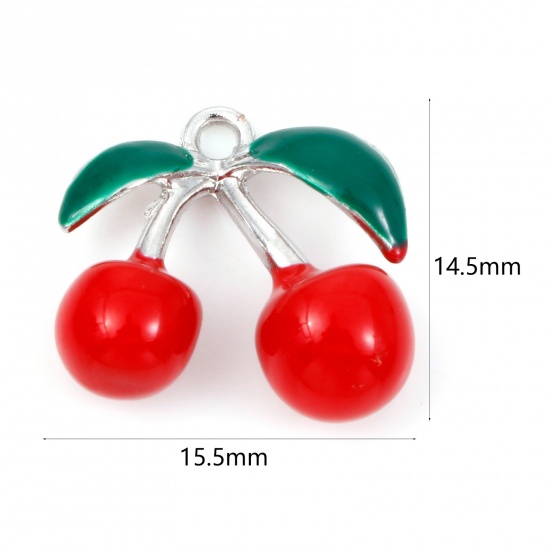 Picture of Zinc Based Alloy 3D Charms Silver Tone Red & Green Cherry Fruit Enamel 15.5mm x 14mm, 5 PCs