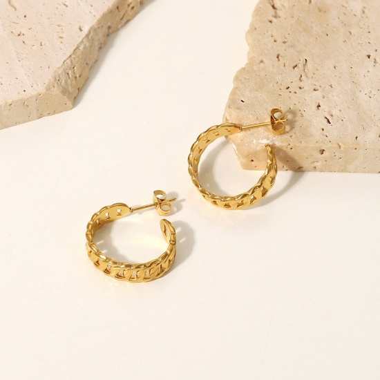 Picture of Wholesale Exquisite Stylish Hoop Earrings, Link Chain 18K Real Gold Plated 316 Stainless Steel, Women's Eco-friendly PVD Waterproof Anti-Tarnish Hypoallergenic Gift Jewelry Supply, 24mm x 7mm, 1 Pair