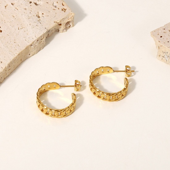 Picture of Wholesale Exquisite Stylish Hoop Earrings, Link Chain 18K Real Gold Plated 316 Stainless Steel, Women's Eco-friendly PVD Waterproof Anti-Tarnish Hypoallergenic Gift Jewelry Supply, 24mm x 7mm, 1 Pair