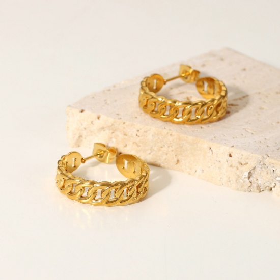 Picture of Wholesale Exquisite Stylish Hoop Earrings, Link Chain 18K Real Gold Plated 316 Stainless Steel, Women's Eco-friendly PVD Waterproof Anti-Tarnish Hypoallergenic Gift Jewelry Supply, 24mm x 7mm, 1 Pair