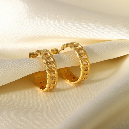 Picture of Wholesale Exquisite Stylish Hoop Earrings, Link Chain 18K Real Gold Plated 316 Stainless Steel, Women's Eco-friendly PVD Waterproof Anti-Tarnish Hypoallergenic Gift Jewelry Supply, 24mm x 7mm, 1 Pair