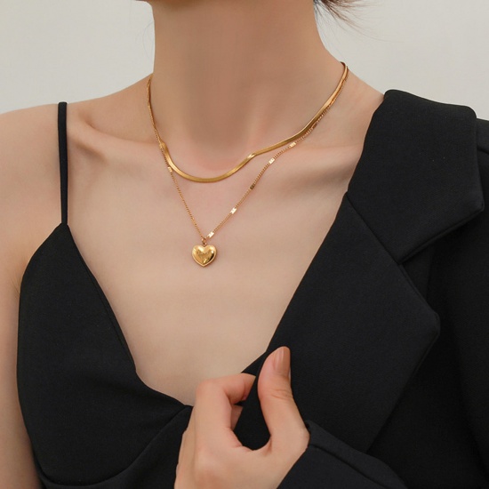 Bild von 316 Edelstahl Stilvoll Schmuckkette Kette Mehrschichtige Halskette 18K Gold Herz 39cm lang, 1 Strang