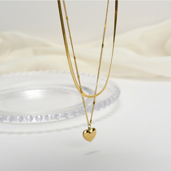 Bild von 316 Edelstahl Stilvoll Schmuckkette Kette Mehrschichtige Halskette 18K Gold Herz 39cm lang, 1 Strang