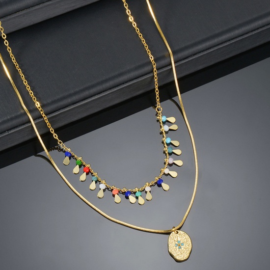 Picture of 304 Stainless Steel Stylish Link Chain Multilayer Layered Necklace Gold Plated Multicolor 42cm(16 4/8") long, 1 Piece