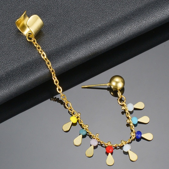 Picture of 304 Stainless Steel Stylish One Piece Ear Clip Stud Chain Earring Gold Plated Multicolor Tassel 13cm long, 1 Piece