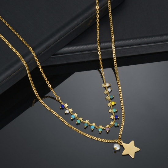 Picture of 304 Stainless Steel Stylish Link Chain Multilayer Layered Necklace Gold Plated Multicolor Pentagram Star 42cm(16 4/8") long, 1 Piece