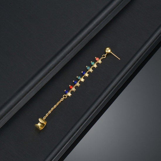 Picture of 304 Stainless Steel Stylish One Piece Ear Clip Stud Chain Earring Gold Plated Multicolor Pentagram Star 13cm long, 1 Piece