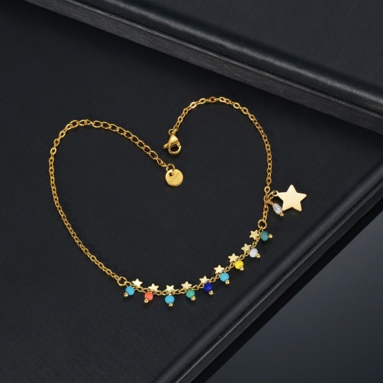 Picture of 304 Stainless Steel Stylish Link Cable Chain Anklet Gold Plated Multicolor Pentagram Star 20cm(7 7/8") long, 1 Piece